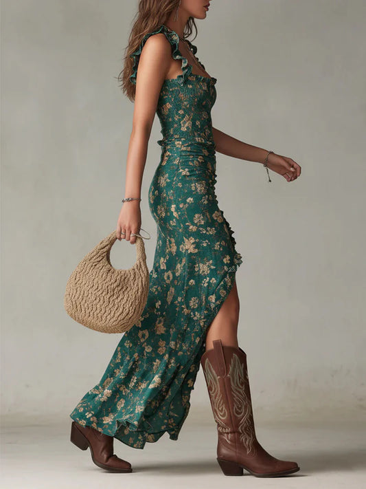 Victoria Vestido Maxi Bohemio Verde Estampado con Mangas de Volantes