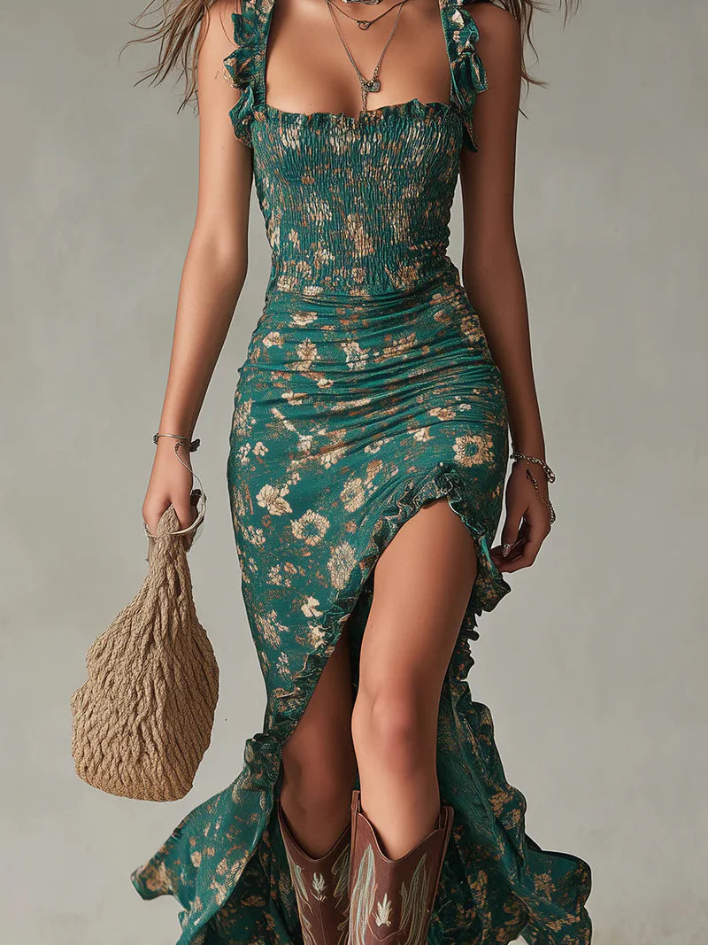 Vestido Maxi Bohemio Verde Estampado con Mangas de Volantes Precio rebajado