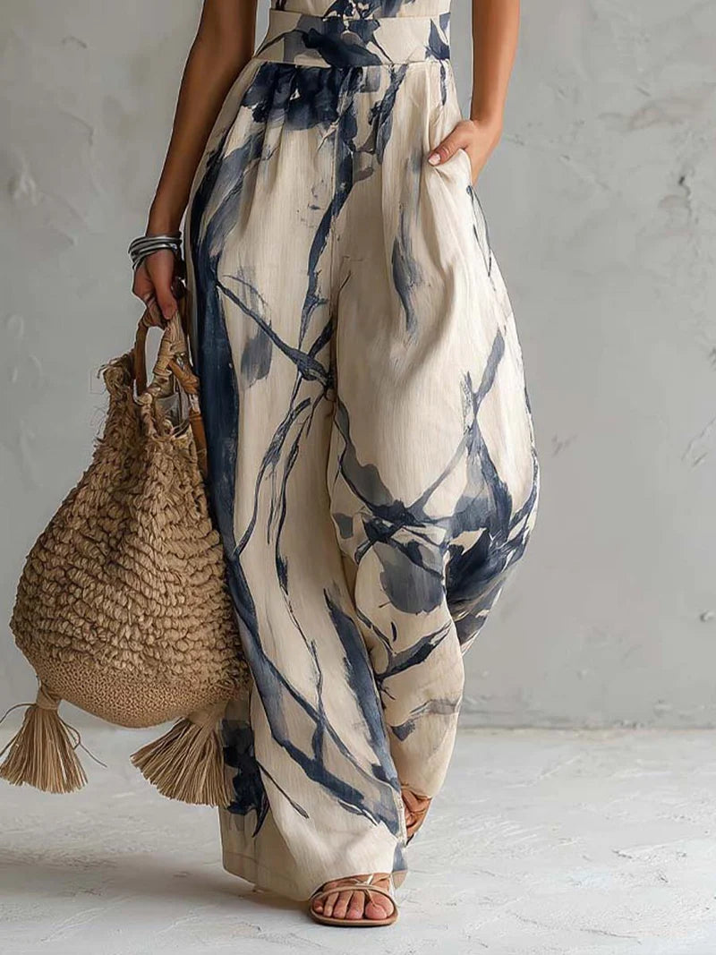 Mono con Escote Halter, Estampado Efecto Tinta, Pernera Ancha y Bolsillos
