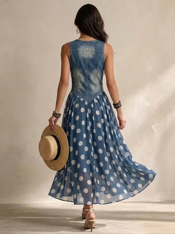 Alba Vestido Vaquero Elegante con Falda de Chifón de Lunares
