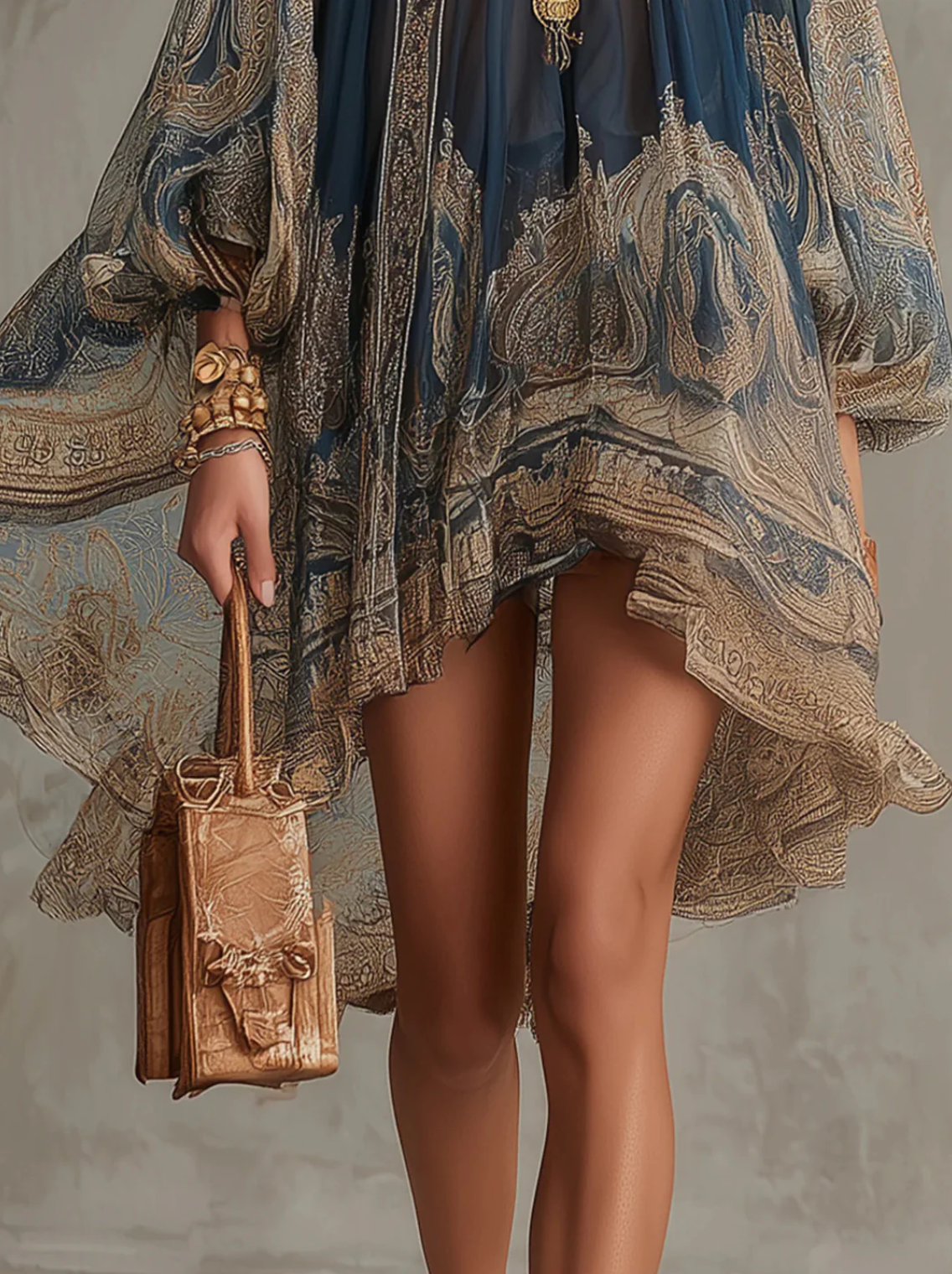 Mariana | Mini Vestido de Chifón Azul Marino con Estampado Barroco Dorado