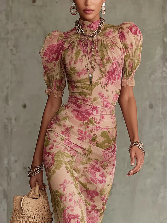 Eugenia Vestido Maxi con Estampado Floral Vintage Rosa y Mangas Abullonadas (Accesorios no incluidos)