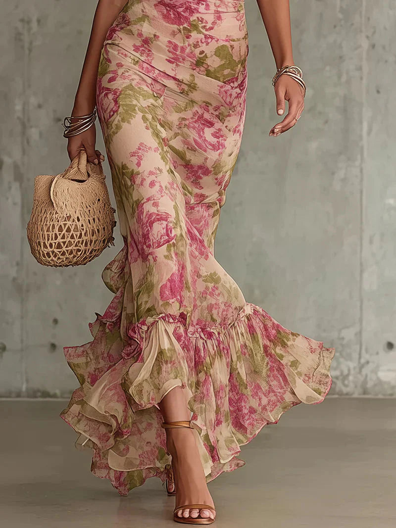 Vestido Maxi con Estampado Floral Vintage Rosa y Mangas Abullonadas (Accesorios no incluidos)