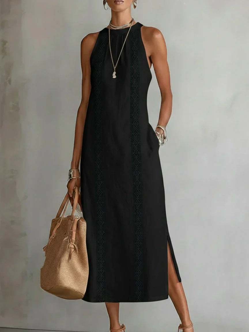 Valeria Vestido Midi Elegante con Cuello Mao