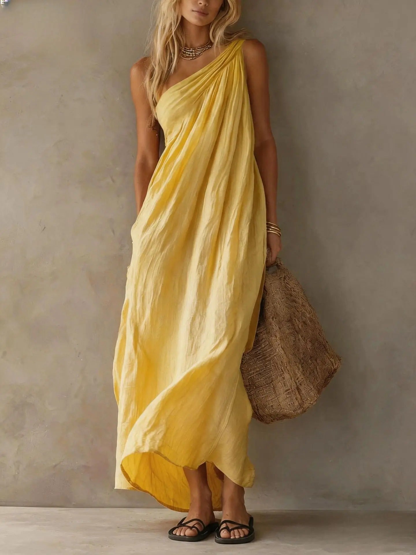 Adriana Vestido Maxi Asimétrico de Efecto Lino
