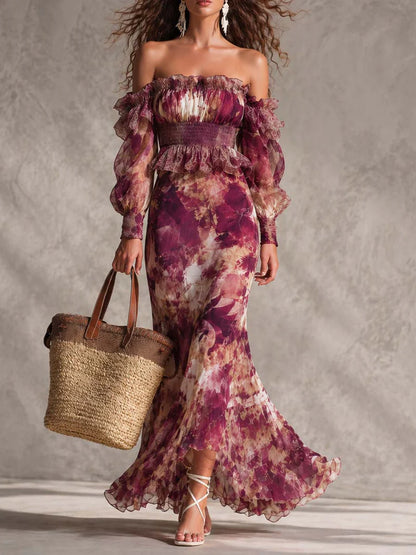 Vestido Maxi de Gasa Rosa con Hombros Descubiertos Precio rebajado