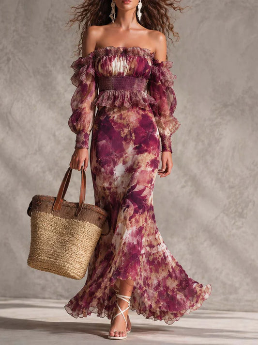 Aurora Vestido Maxi de Gasa Rosa con Hombros Descubiertos Precio rebajado
