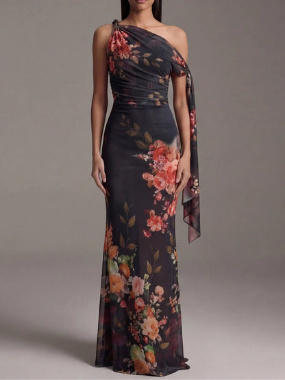 Vestido Maxi Plisado de Chiffon Estampado Negro de Un Solo Hombro