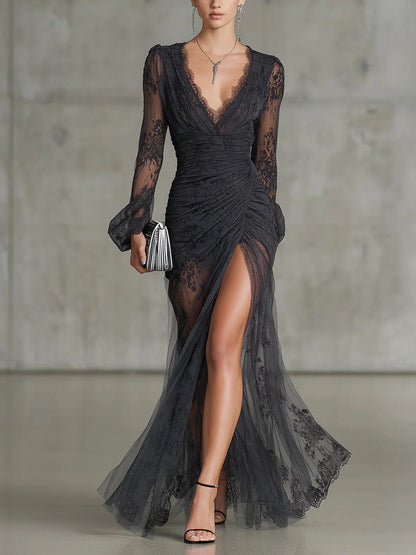 Vestido Maxi Largo Gris Oscuro de Encaje con Manga Larga y Abertura