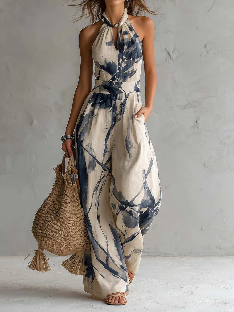 Mono con Escote Halter, Estampado Efecto Tinta, Pernera Ancha y Bolsillos