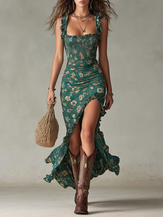 Vestido Maxi Bohemio Verde Estampado con Mangas de Volantes Precio rebajado