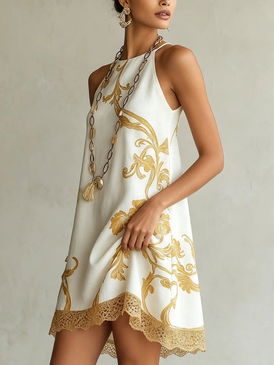 Emilia Vestido Mini de Encaje Blanco y Dorado con Estampado Decorativo