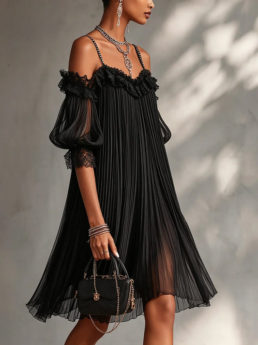 Naia Vestido Mini Negro de Chiffon con Escote Bardot y Ribete de Encaje