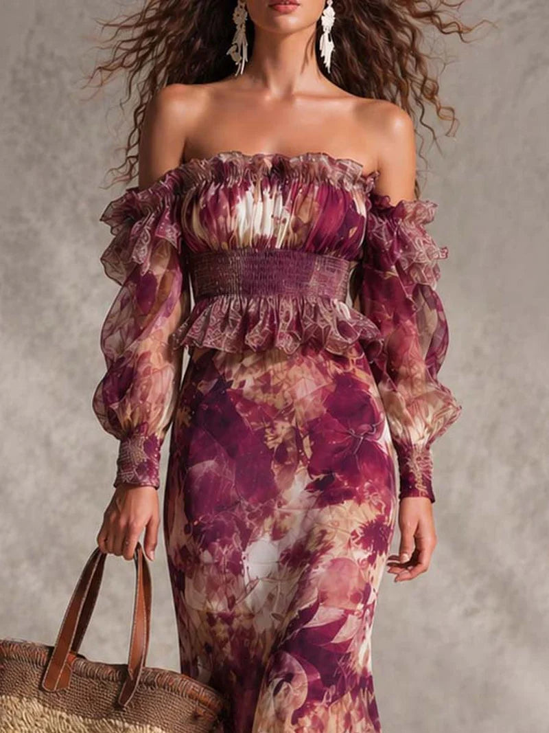 Vestido Maxi de Gasa Rosa con Hombros Descubiertos Precio rebajado