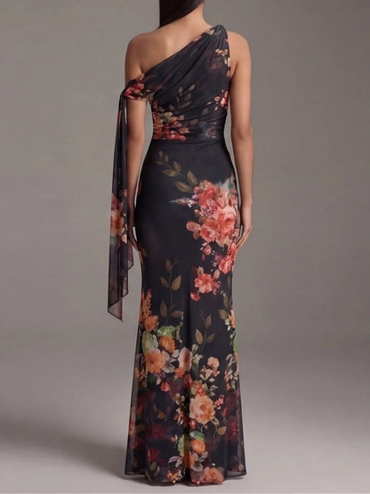 Vestido Maxi Plisado de Chiffon Estampado Negro de Un Solo Hombro
