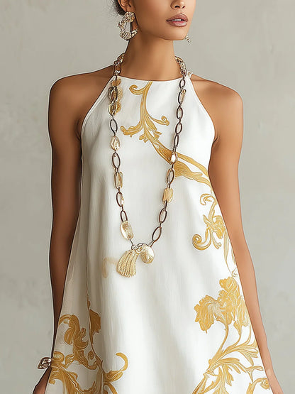 Emilia Vestido Mini de Encaje Blanco y Dorado con Estampado Decorativo