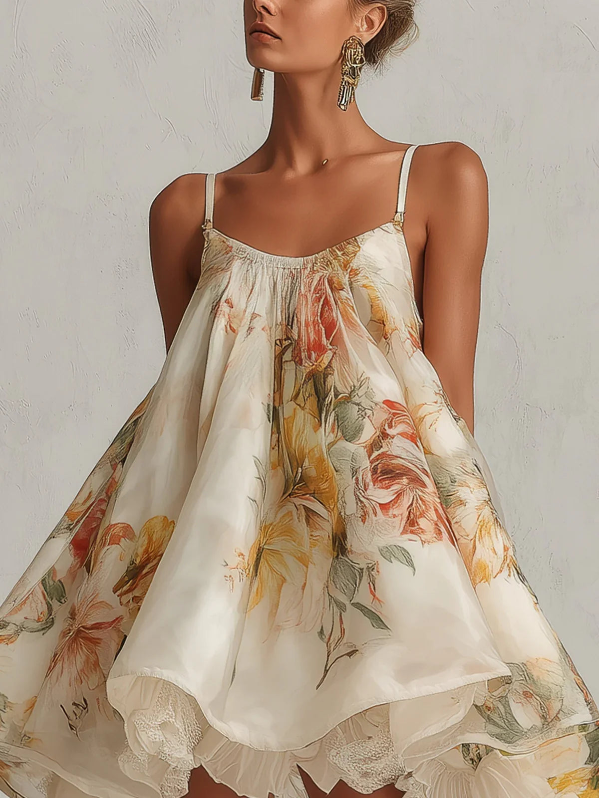 Elda Vestido Mini Beige de Organza Floral en Línea A con Acabado de Encaje