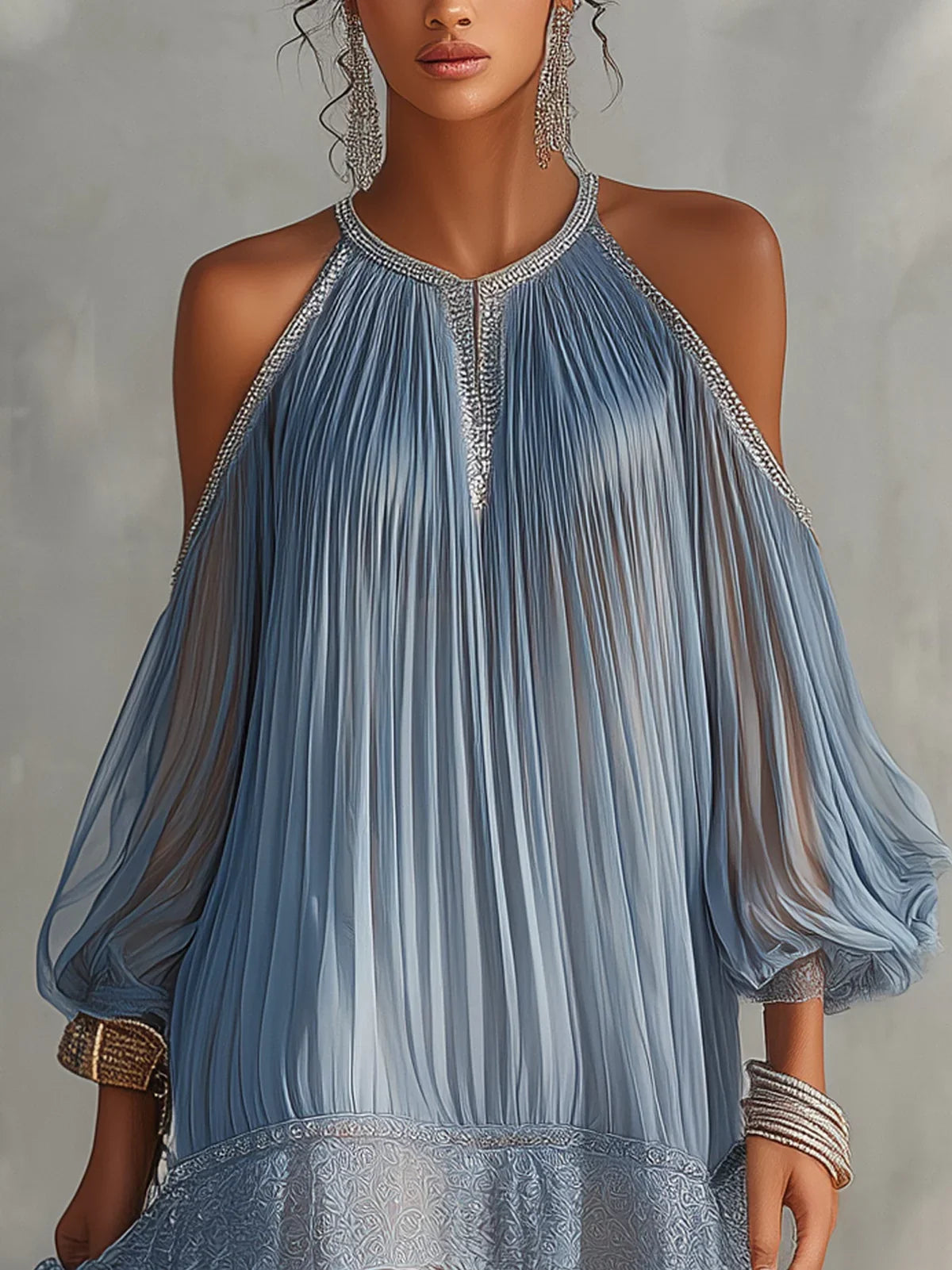 Isolda Vestido Mini Azul con Hombros al Descubierto, Cintura Fruncida y Acabado de Encaje