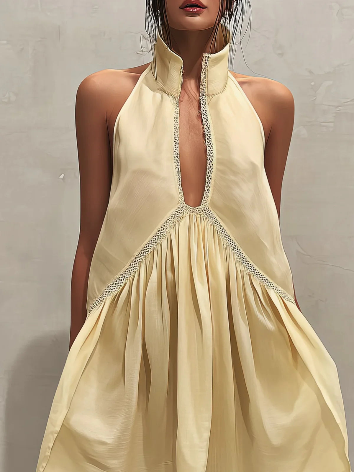 Isabela Vestido Mini Amarillo sin Mangas con Escote en V Profundo y Detalles de Encaje