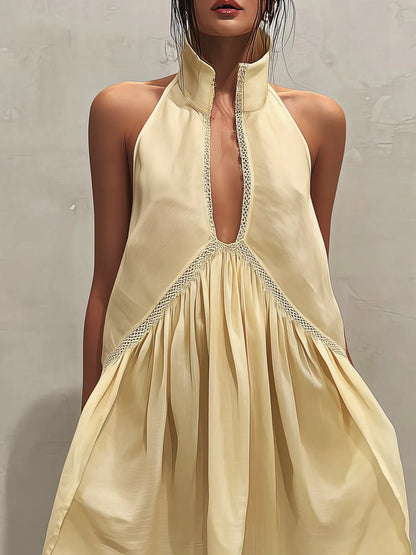 Isabela Vestido Mini Amarillo sin Mangas con Escote en V Profundo y Detalles de Encaje
