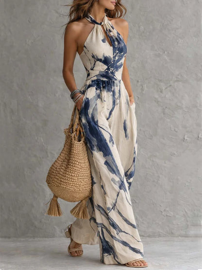 Mono con Escote Halter, Estampado Efecto Tinta, Pernera Ancha y Bolsillos