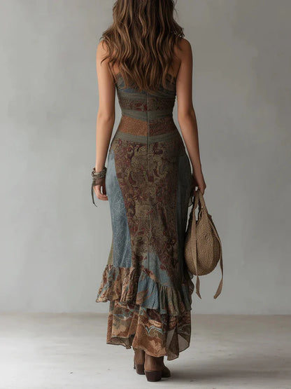 Vestido Maxi Estampado de Estilo Étnico con Hombro Descubierto y Abertura Lateral