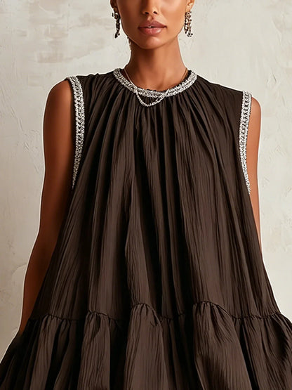 Ágata Vestido Mini Marrón sin Mangas con Bajo Abullonado