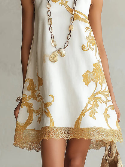 Emilia Vestido Mini de Encaje Blanco y Dorado con Estampado Decorativo
