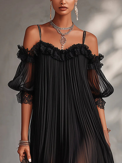 Naia Vestido Mini Negro de Chiffon con Escote Bardot y Ribete de Encaje