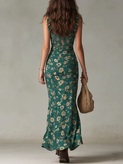 Vestido Maxi Bohemio Verde Estampado con Mangas de Volantes Precio rebajado