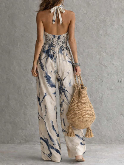 Mono con Escote Halter, Estampado Efecto Tinta, Pernera Ancha y Bolsillos