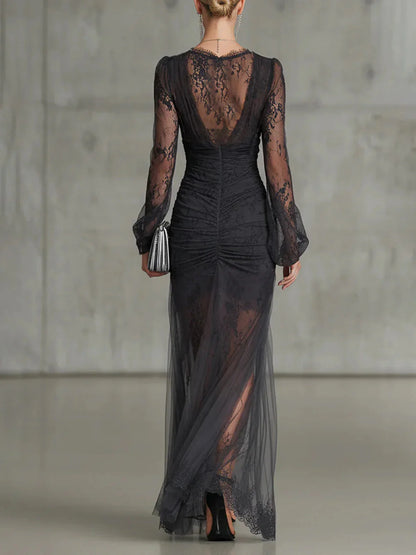 Vestido Maxi Largo Gris Oscuro de Encaje con Manga Larga y Abertura
