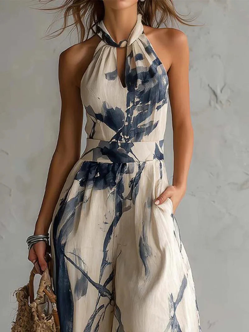 Mono con Escote Halter, Estampado Efecto Tinta, Pernera Ancha y Bolsillos