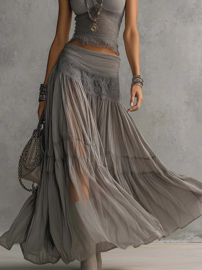Conjunto de Top Gris de Encaje Transparente y Falda Maxi Plisada
