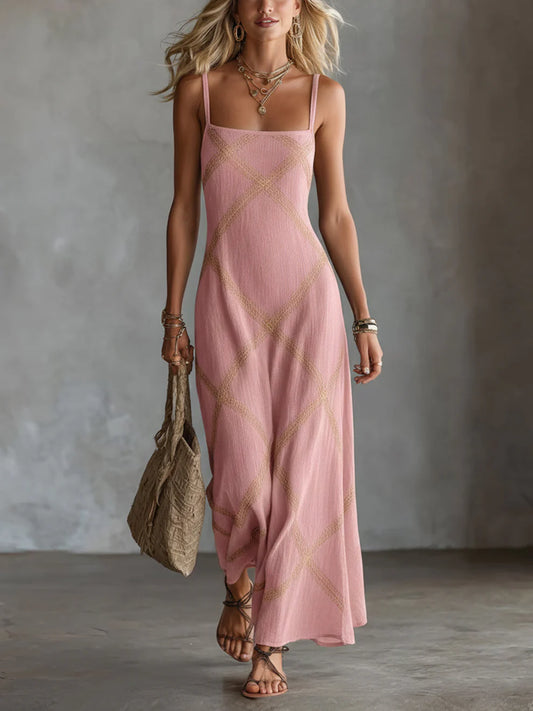 Melisa Vestido Maxi Geométrico con Escote Cuadrado