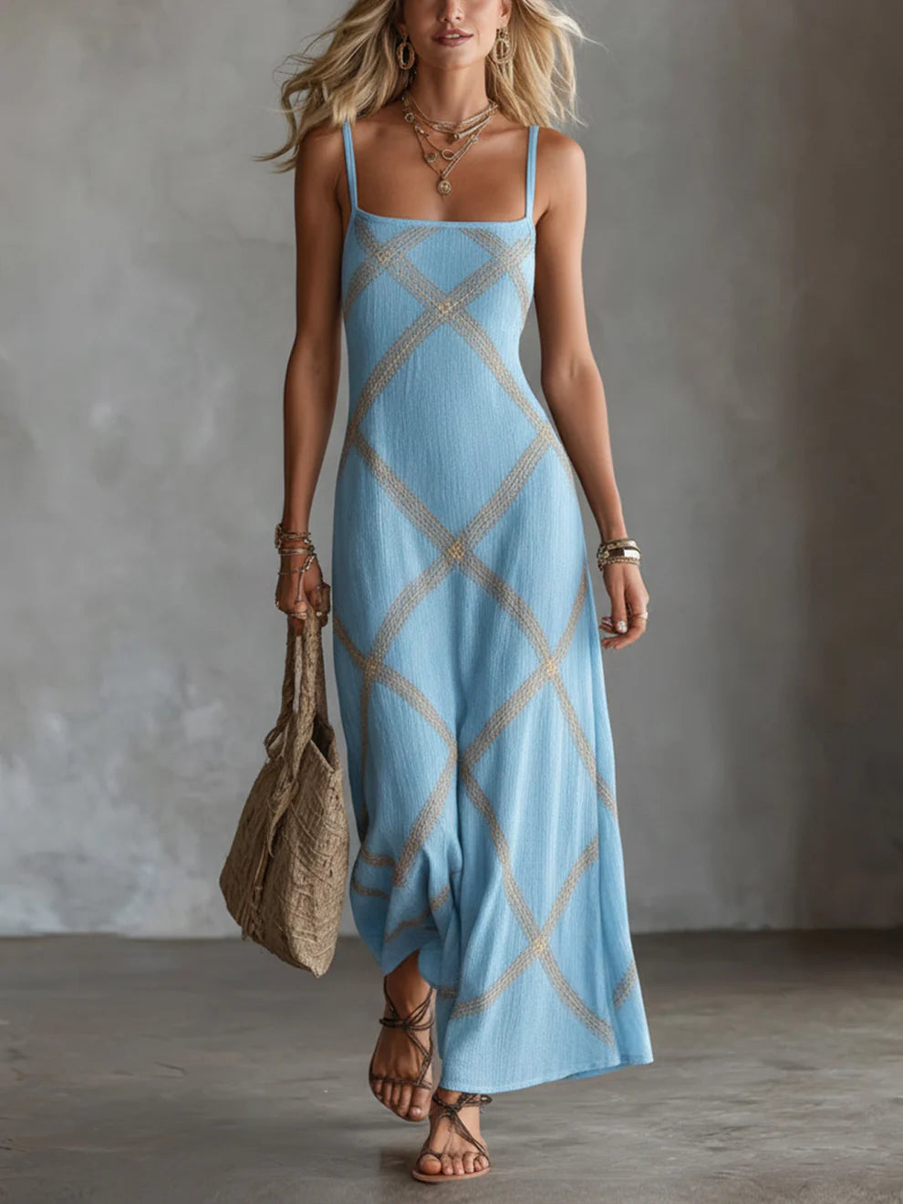 Melisa Vestido Maxi Geométrico con Escote Cuadrado