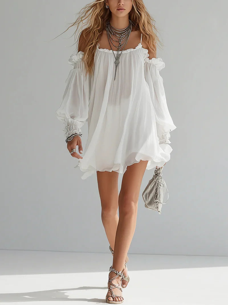 Iliana Vestido Bohemio con Volantes, Hombros al Descubierto y Silueta Fluida