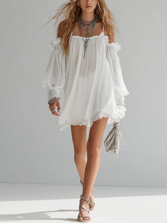Iliana Vestido Bohemio con Volantes, Hombros al Descubierto y Silueta Fluida