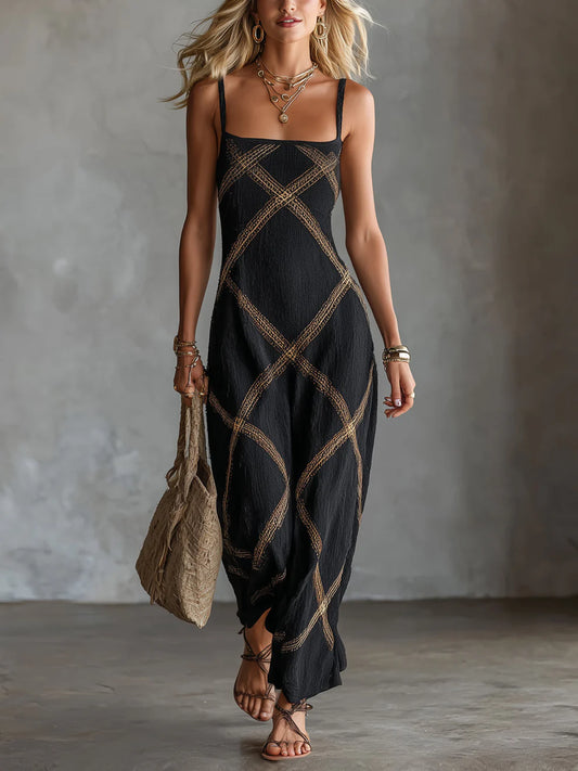 Melisa Vestido Maxi Geométrico con Escote Cuadrado