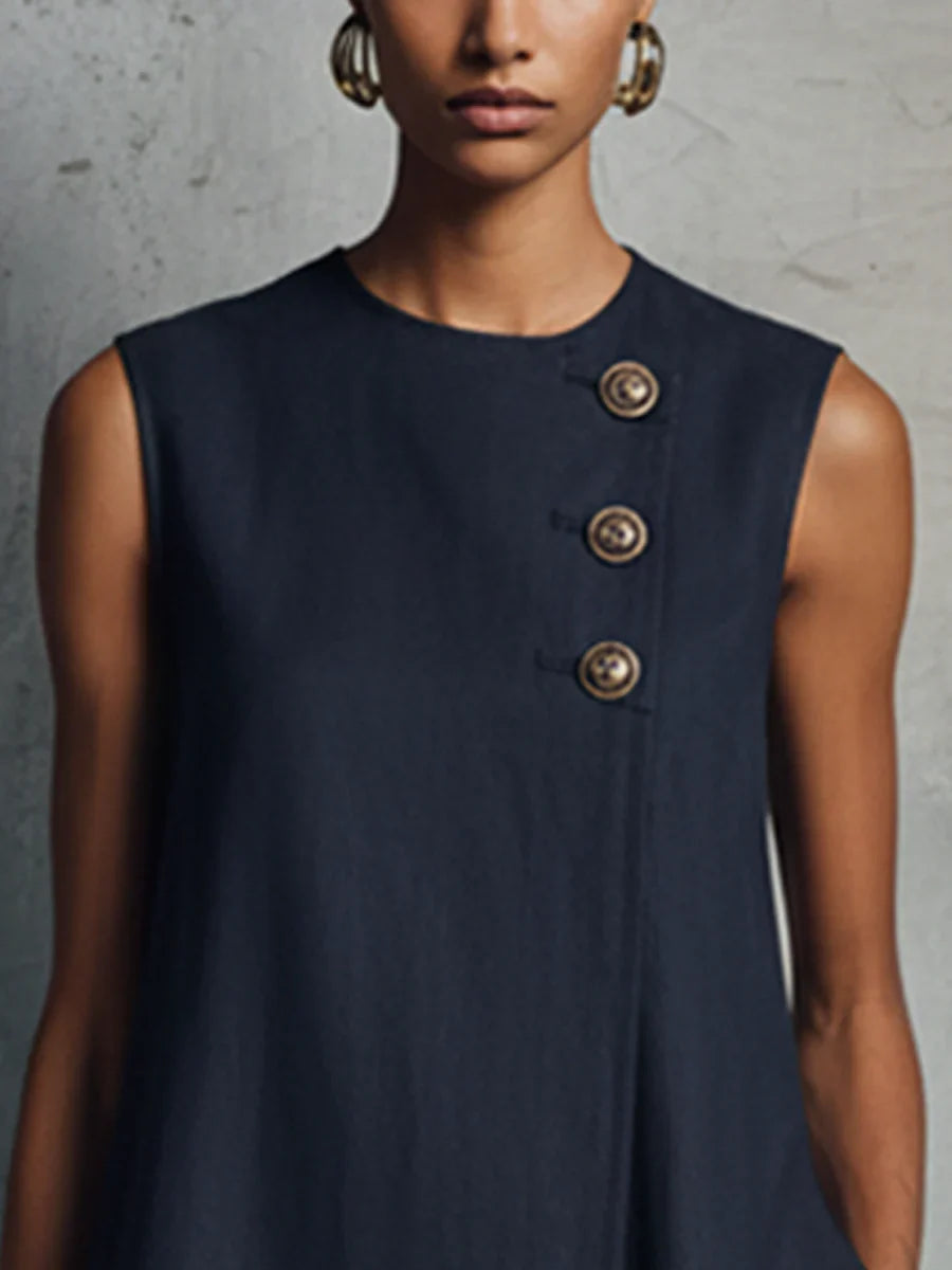 Lis Vestido Mini de Lino Azul Marino con Cuello Redondo y Botones Asimétricos