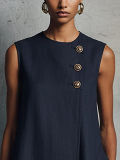 Lis Vestido Mini de Lino Azul Marino con Cuello Redondo y Botones Asimétricos