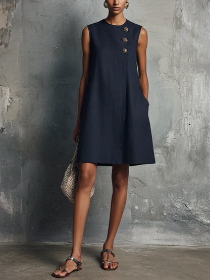 Lis Vestido Mini de Lino Azul Marino con Cuello Redondo y Botones Asimétricos