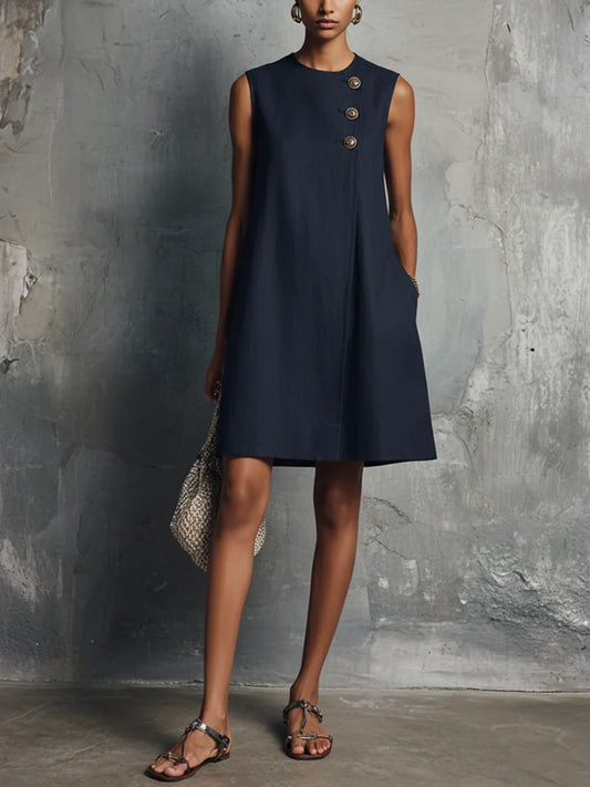 Lis Vestido Mini de Lino Azul Marino con Cuello Redondo y Botones Asimétricos