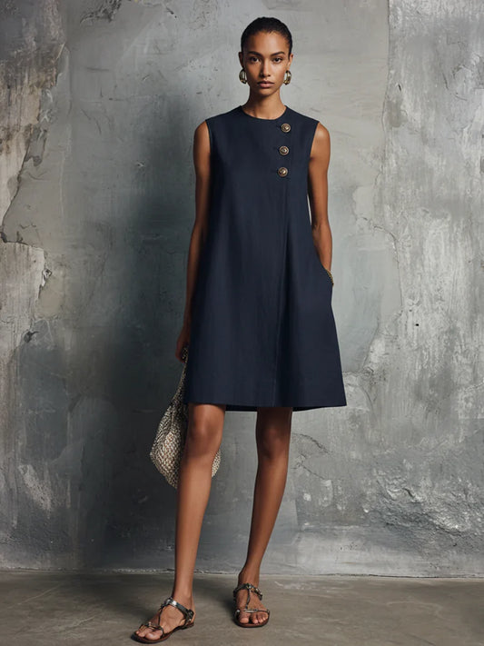 Lis Vestido Mini de Lino Azul Marino con Cuello Redondo y Botones Asimétricos
