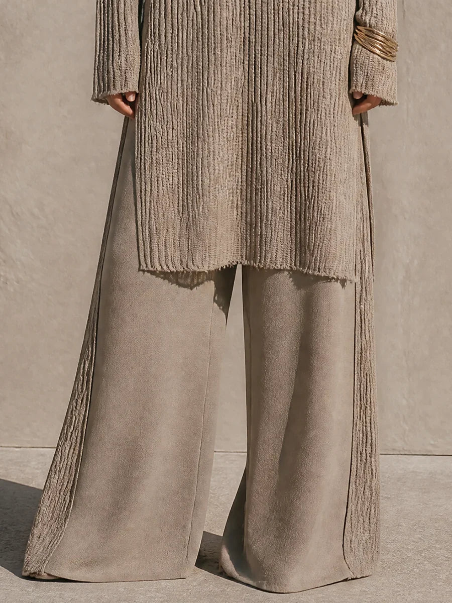 Damaris Conjunto de Mujer con Túnica de Escote en V y Manga Larga y Pantalón de Pierna Ancha de Talle Alto, Punto Texturizado Mezcla de Lino, Informal