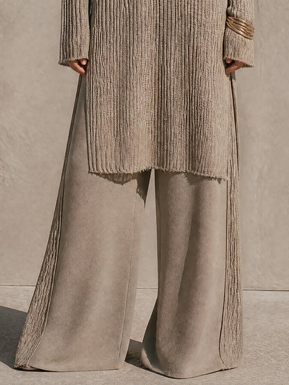 Damaris Conjunto de Mujer con Túnica de Escote en V y Manga Larga y Pantalón de Pierna Ancha de Talle Alto, Punto Texturizado Mezcla de Lino, Informal