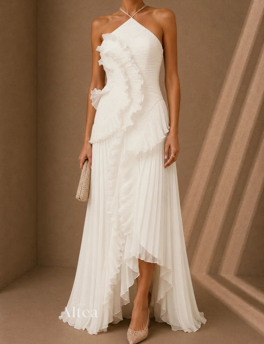 Celeste Vestido Maxi Plisado con Volantes