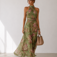 Vestido Maxi Halter Floral Verde de Gasa
