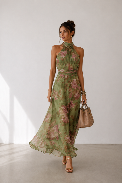 Vestido Maxi Halter Floral Verde de Gasa