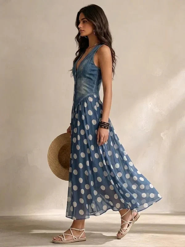 Alba Vestido Vaquero Elegante con Falda de Chifón de Lunares